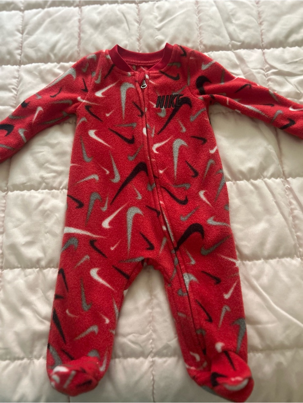 Nike Red Fleece Footed Baby One-Piece with Multicolor Swooshes